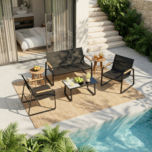 Mondeer Garden Furniture Set, 4 Pieces Outdoor Patio Furniture Set with Wood-Plastic Armrests, Garden Table and Chairs Waterproof Breathable Synthetic Fabric, for Balcony Terrace Backyard, Black