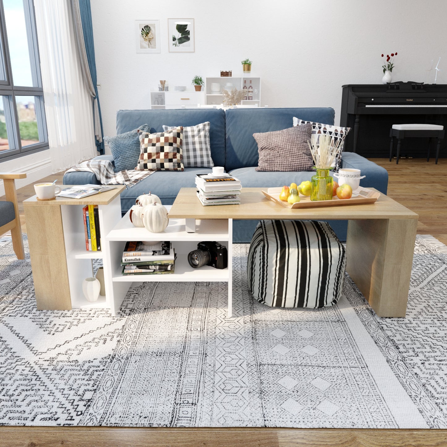 Modern Wooden Side Table for Living Room Bedroom, White and Oak