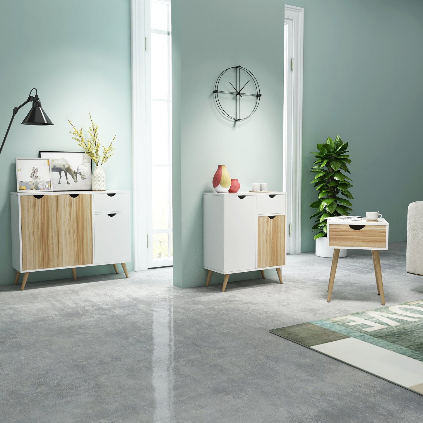 Meerveil Gabinete de almacenamiento moderno, color blanco y roble a juego, un cajón