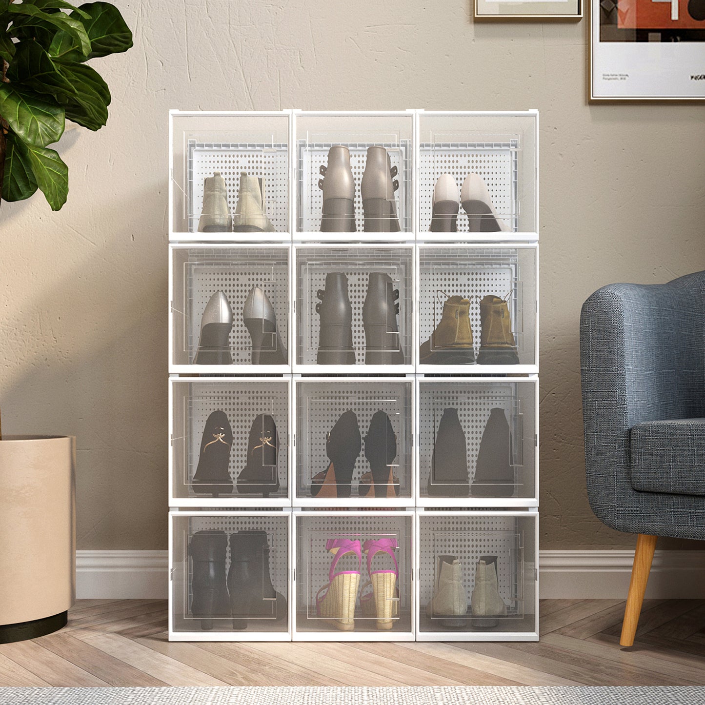 Shoe Box, Set of 8, White Colour, Stackable Plastic, with Clear Door
