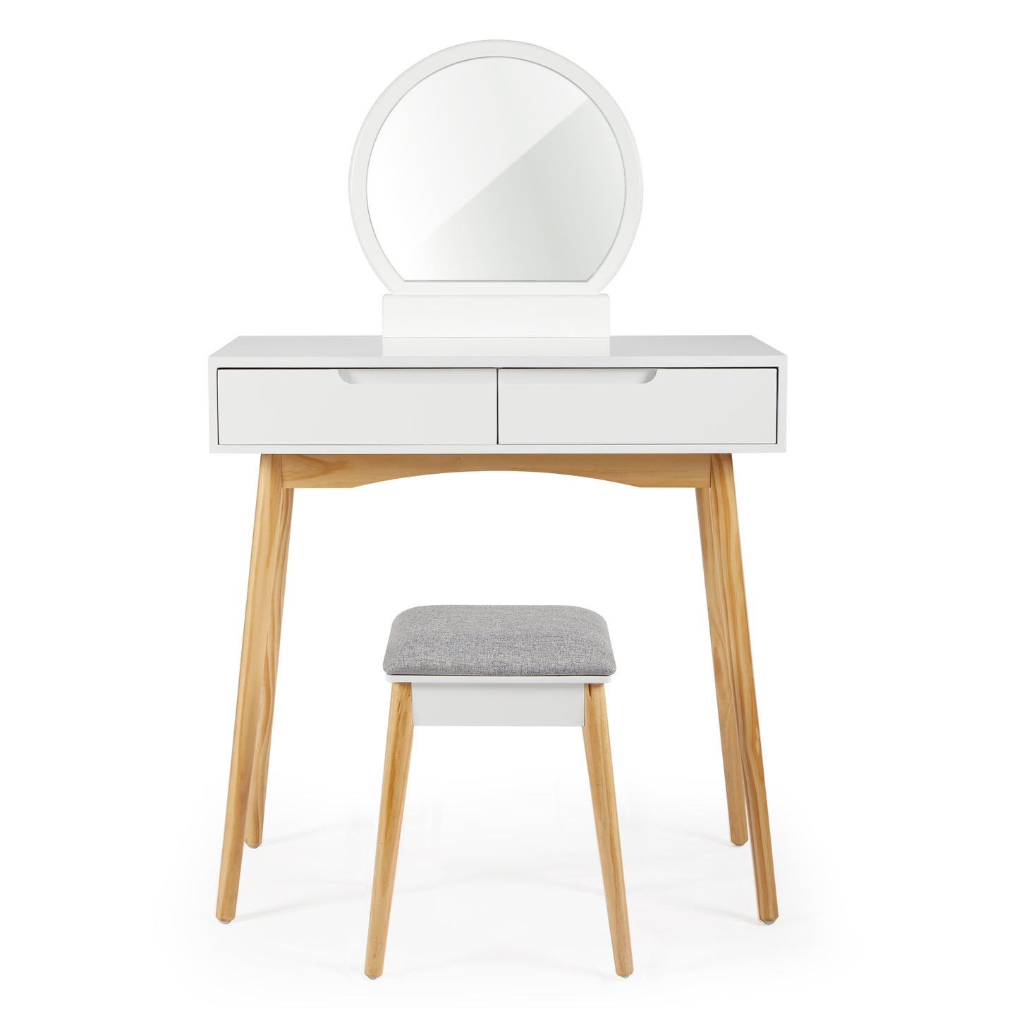 Coiffeuse Meerveil, Couleur Blanche, avec Miroir Rond et Tabouret