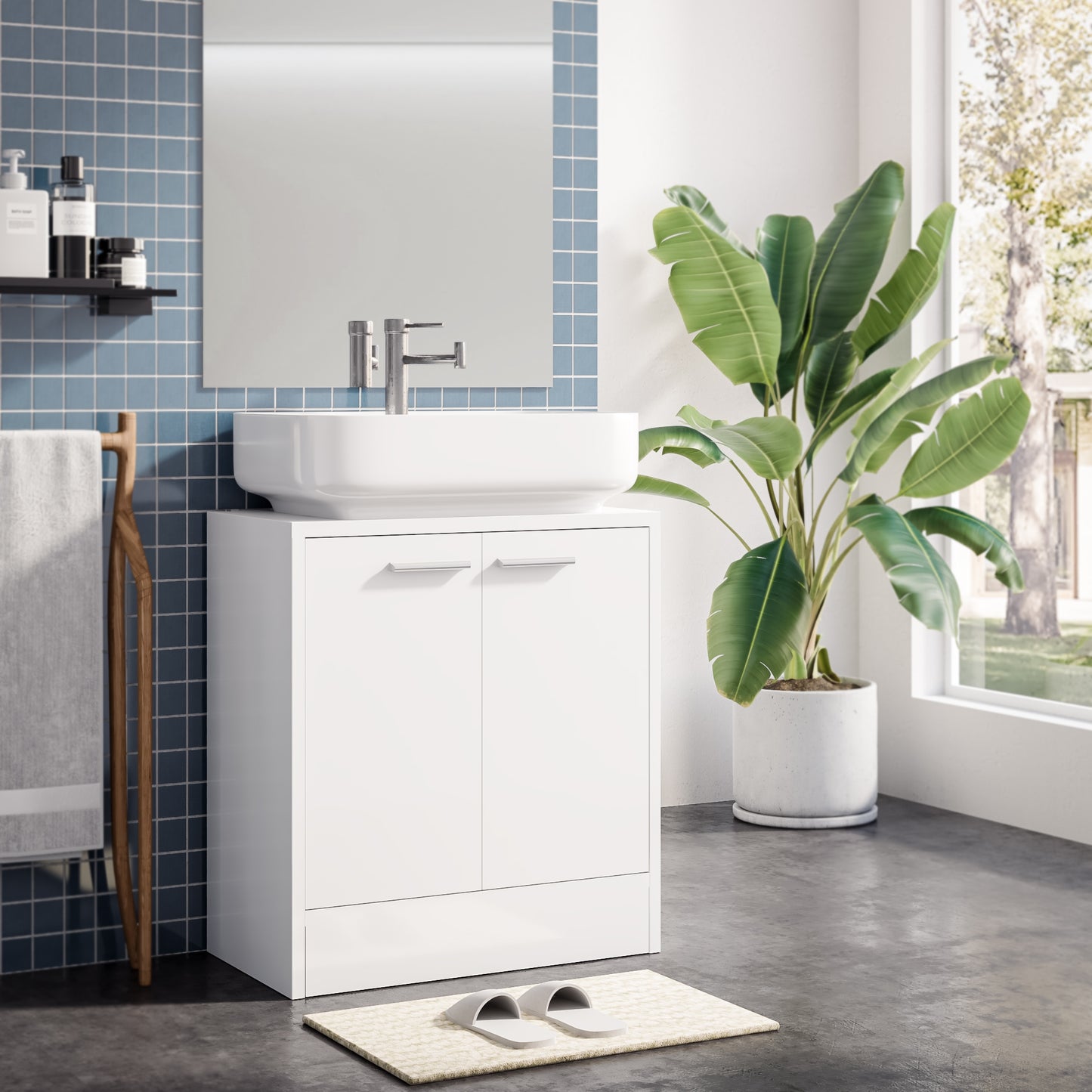 Meerveil Badezimmer-Unterschrank, weiße Farbe, Aufbewahrungseinheit mit 2 Türen