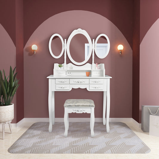 Modern Dressing Table, White Color, with 3 Rotating Mirrors and Stool