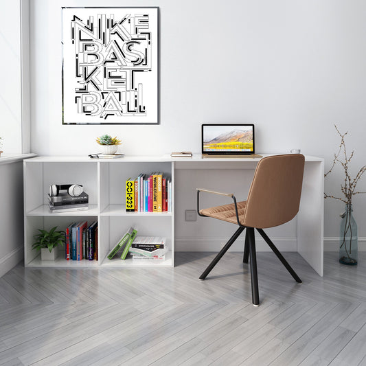 Meerveil Bureau d'ordinateur en forme de L, couleur blanc/noir, 4 compartiments de rangement