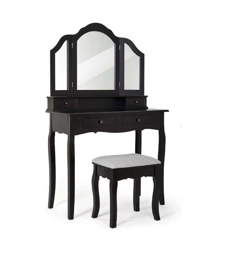 Classic Dressing Table, Black/White Color, Providing a Large Mirror, Drawers and Printed Stool