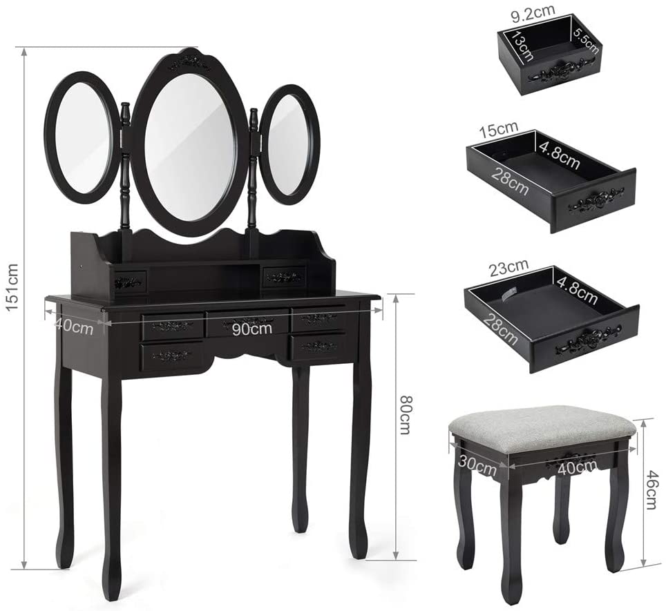 Meerveil Coiffeuse Moderne, Couleur Blanche, avec 3 Miroirs Rotatifs et Tabouret