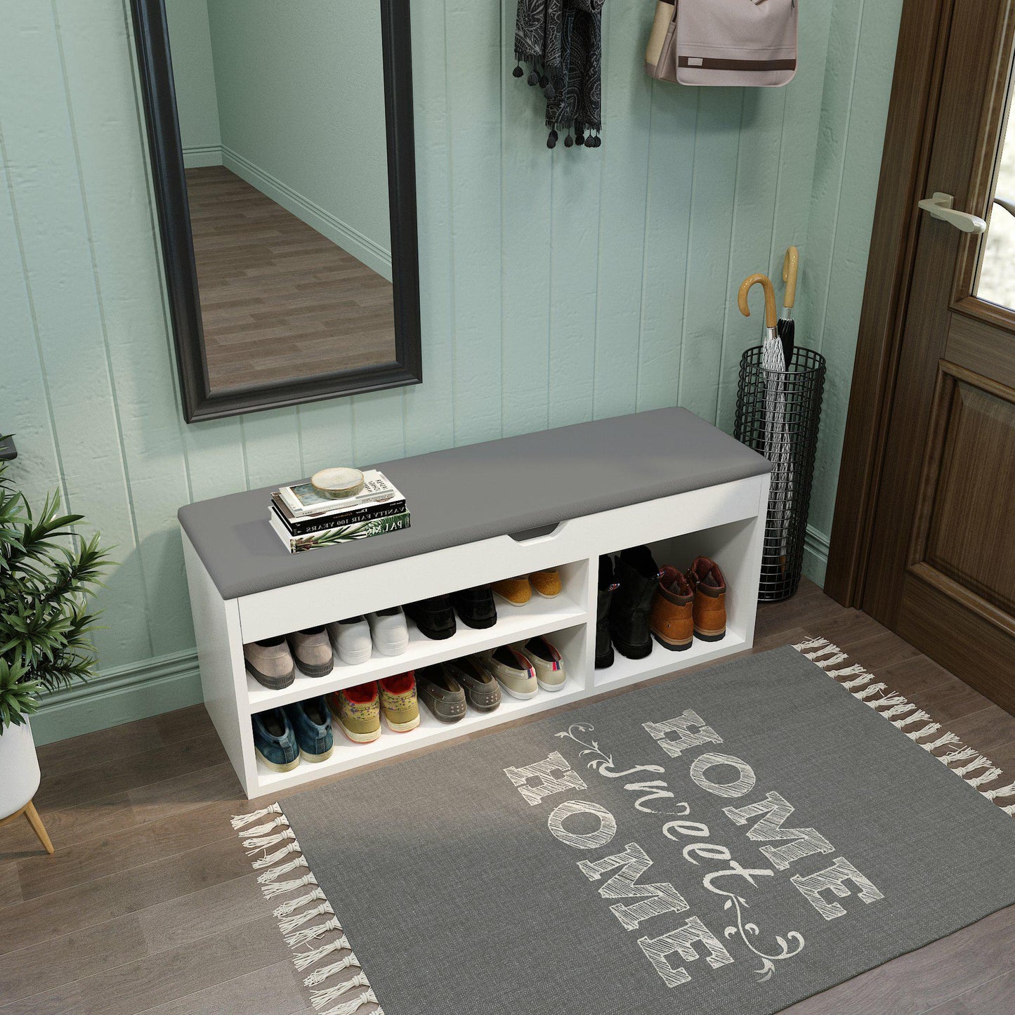 Meerveil Moderne Schuhbank, Naturholzmaserung/weiße Farbe, Organizer-Einheit