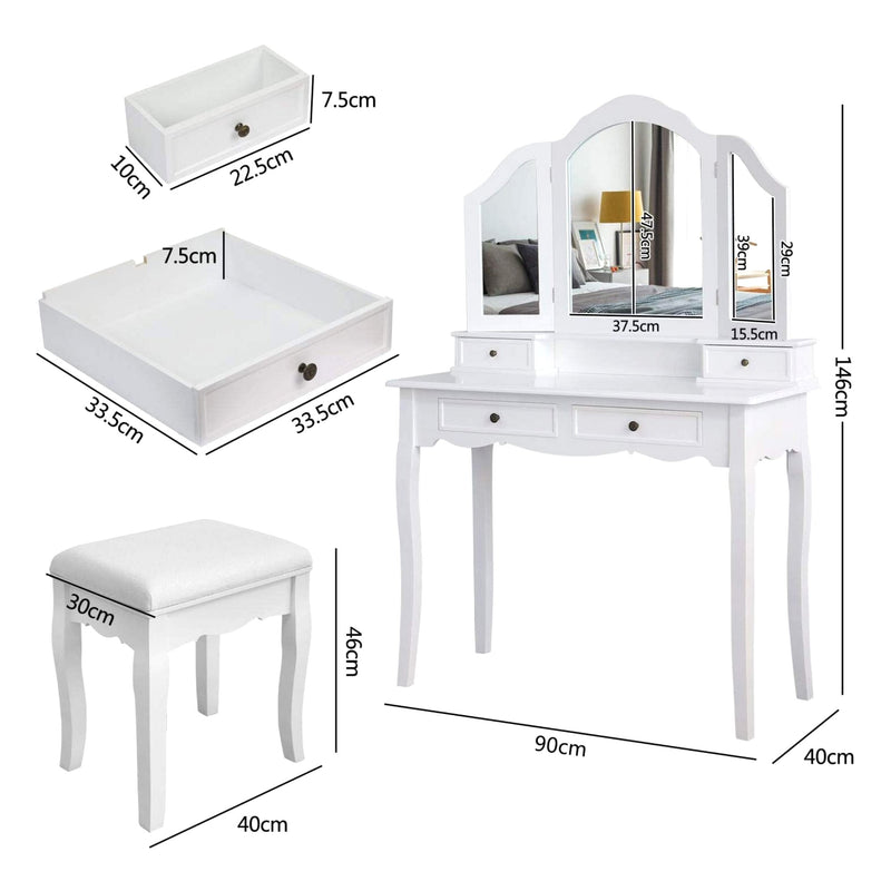Classic Dressing Table, Black/White Color, Providing a Large Mirror, Drawers and Printed Stool