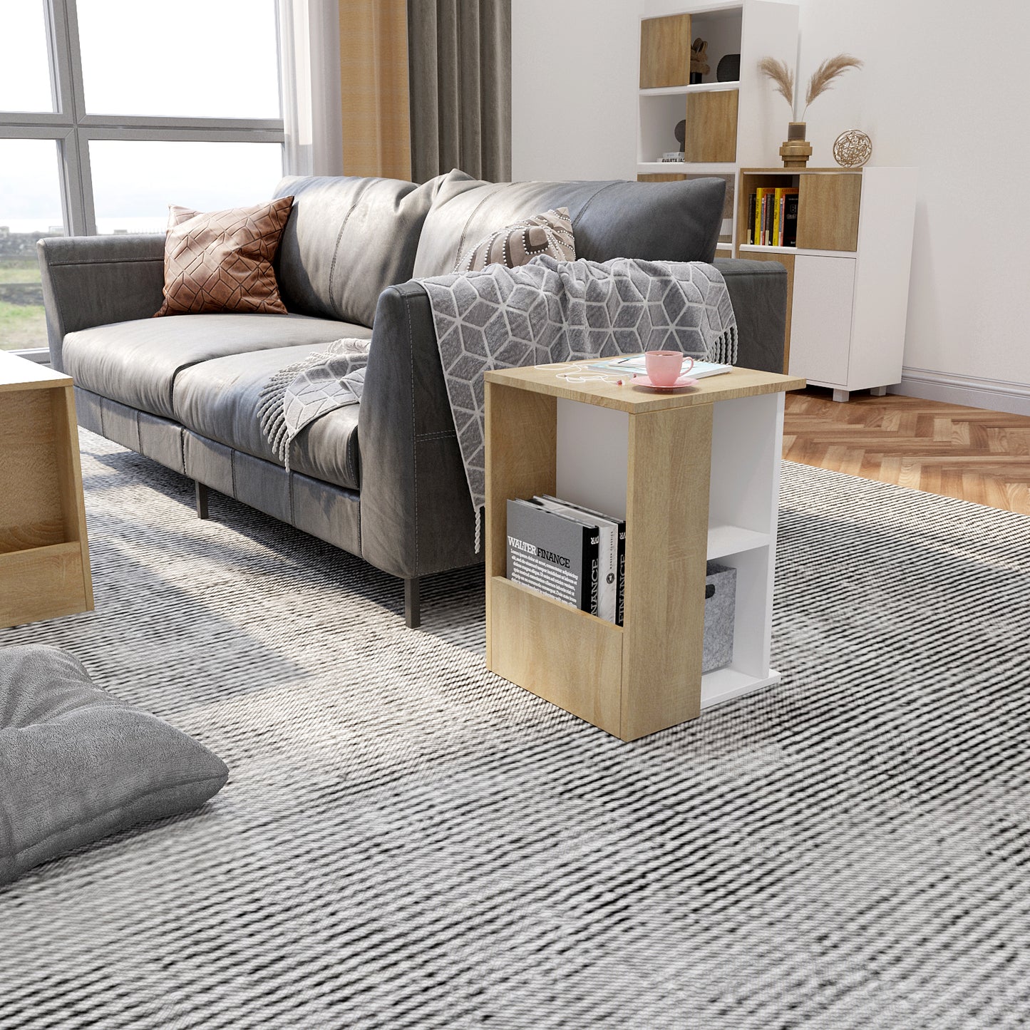Modern Wooden Side Table for Living Room Bedroom, White and Oak