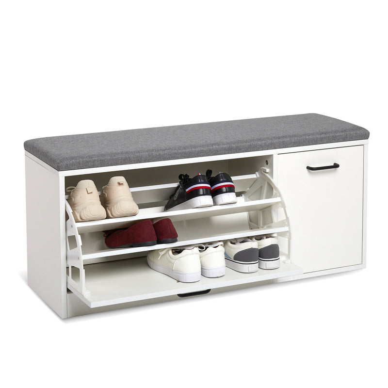 Mondeer Shoe Storage Bench, with Seat Cushion Drawer and Door for Hallway Entryway Living Room Mudroom Wooden Modern Style 39.4 x 11.8 x 18.1 Inch (White)
