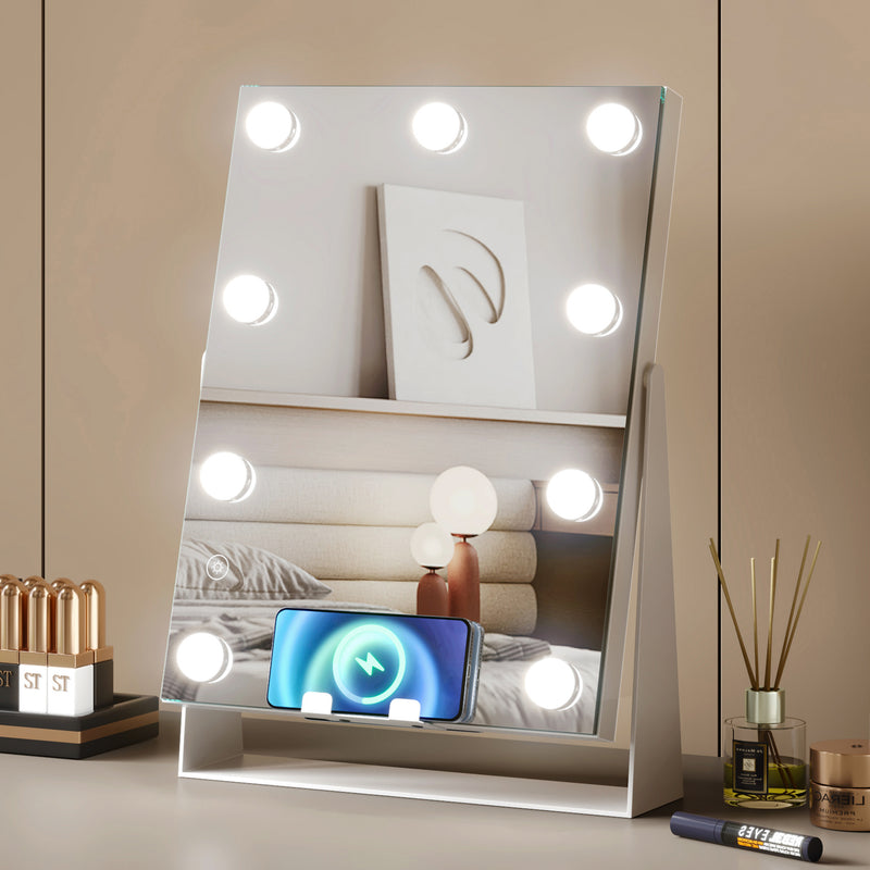 Mondeer Hollywood Vanity Mirror with Wireless Charging, Lighted Makeup Mirror with 9 Dimmable LED Bulbs, 3 Color Lighting Modes, Smart Touch Screen Control and 360° Rotation, White