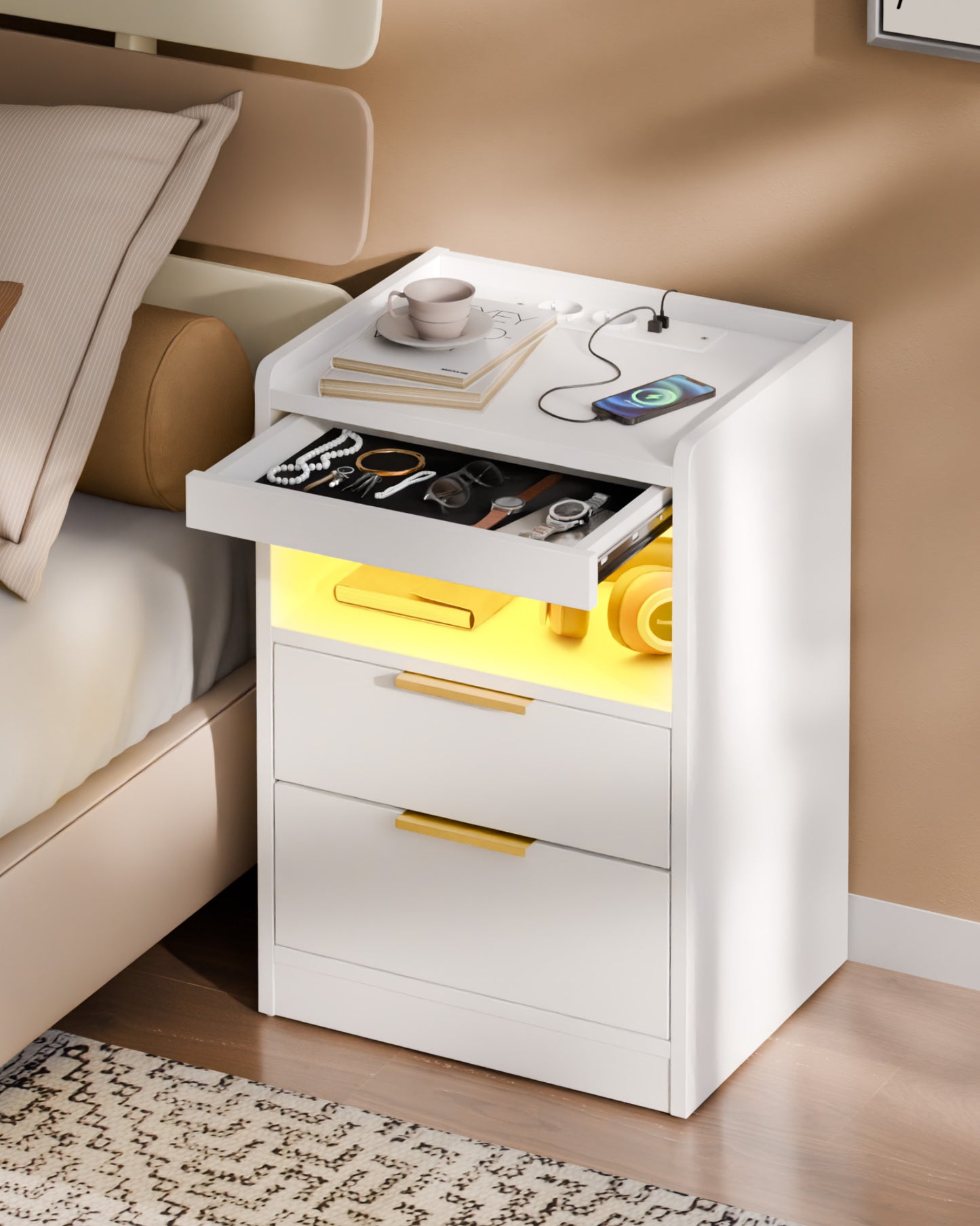 Mondeer LED Bedside Table with Hidden Drawer, Bedside Cabinet with Charging Station and 3 Drawers, Nightstand with Storage for Bedroom Living Room Office, 60 x 37 x 35 cm (White)