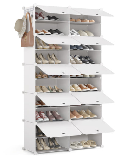 Mondeer Shoe Storage Cabinet, 2 x 10 Tier Modular Plastic Shoe Rack for 40 Pairs Shoes, Cube Shoe Organizer with Removable Shelf and Hooks, for Hallway Entryway Closet, White