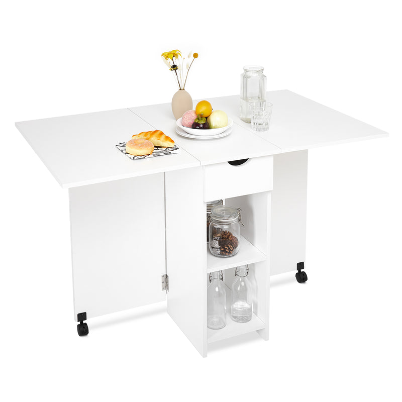 Mondeer Folding Dining Table, 47.2" x 28.3" Drop Leaf Kitchen Table with 1 Drawer and 2 Open Storage Shelves for Small Space Dining Room Kitchen Rectangular Modern (White)