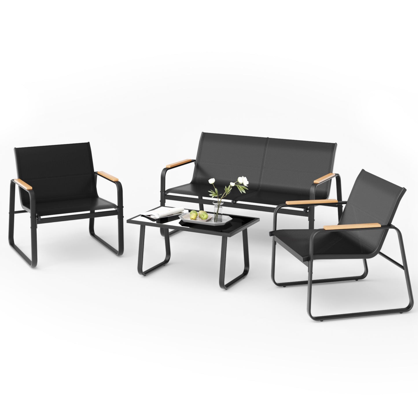 Mondeer Garden Furniture Set, 4 Pieces Outdoor Patio Furniture Set with Wood-Plastic Armrests, Garden Table and Chairs Waterproof Breathable Synthetic Fabric, for Balcony Terrace Backyard, Black