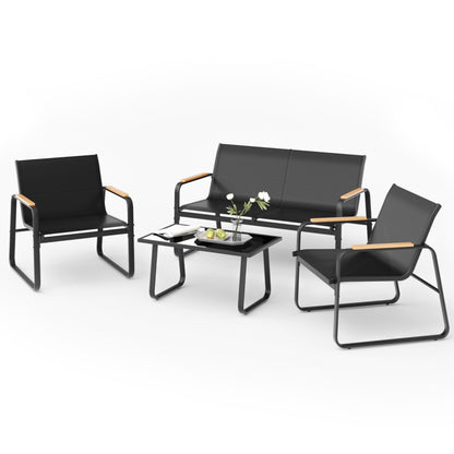 Mondeer Garden Furniture Set, 4 Pieces Outdoor Patio Furniture Set with Wood-Plastic Armrests, Garden Table and Chairs Waterproof Breathable Synthetic Fabric, for Balcony Terrace Backyard, Black
