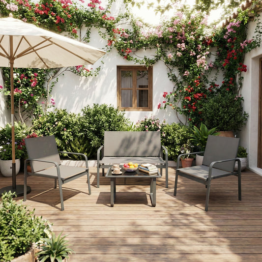 Mondeer Garden Furniture Set 4 Pieces, Garden Table and Chairs with Armrests, Patio Furniture Set with Waterproof Breathable Synthetic Fabric, for Balcony Terrace Backyard Poolside, Dark Grey