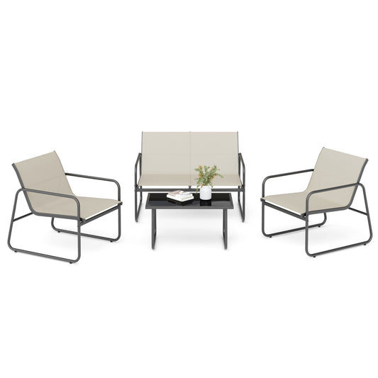 Garden Patio Furniture Set 4 Pieces, Garden Table and Chairs with Armrests, Outdoor Loveseat and Coffee Table Waterproof Breathable Synthetic Fabric, for Balcony Terrace Backyard, Beige