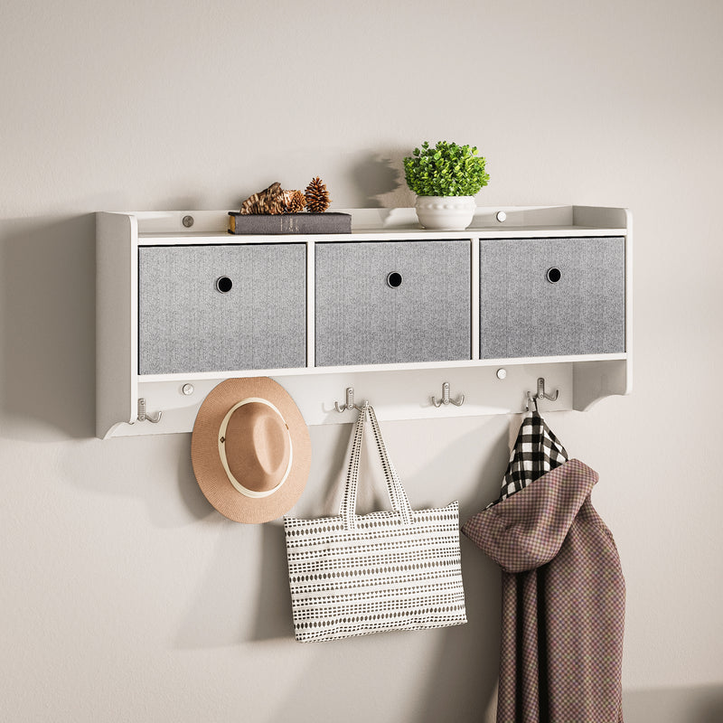 Mondeer Coat Rack Wall Mounted with Shelf, Wooden Wall Storage Unit with 3 Baskets 5 Hooks, Modern Style, for Hallway Entryway Living Room, 98 x 22 x 40 cm