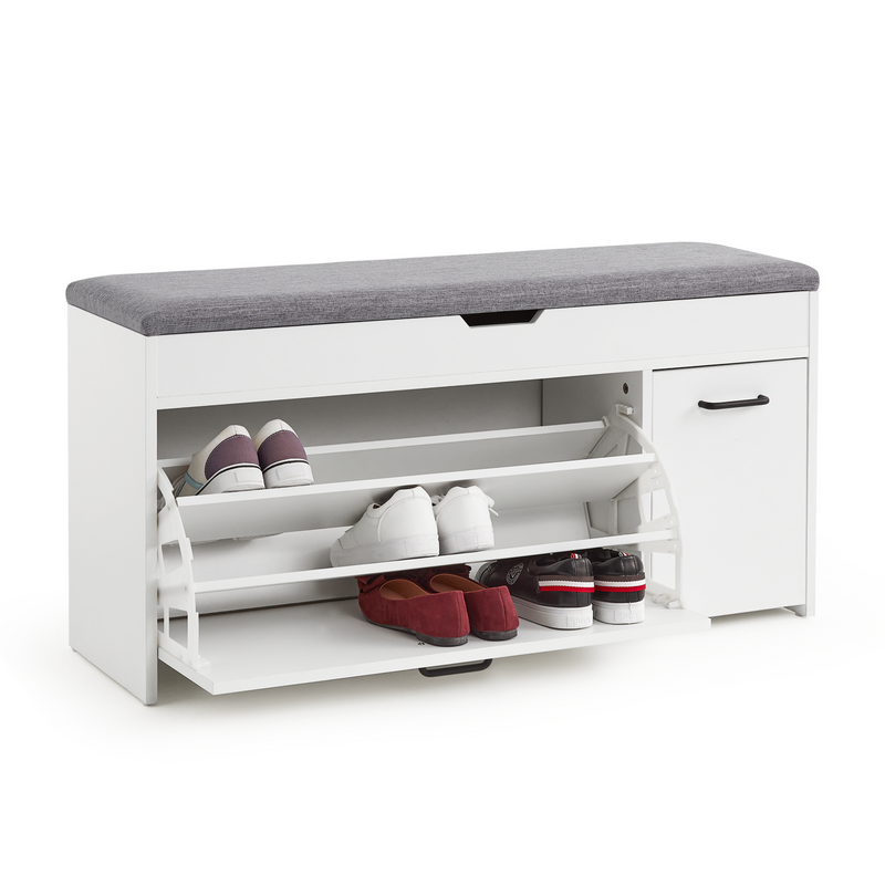 Mondeer Shoe Storage Bench with Seat Cushion, Shoe Bench with Hidden Storage Space and Flip-up Drawer for Hallway Entryway Wooden Modern Style 39.4 x 11.8 x 20.5 Inch (White)