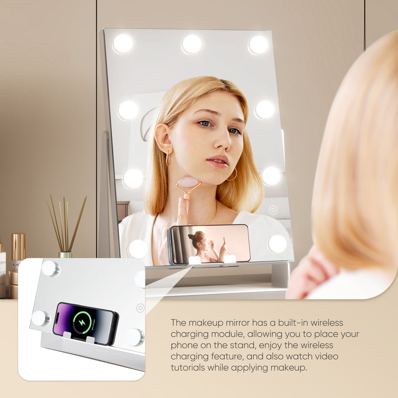 Mondeer Hollywood Vanity Mirror with Wireless Charging, Lighted Makeup Mirror with 9 Dimmable LED Bulbs, 3 Color Lighting Modes, Smart Touch Screen Control and 360° Rotation, White