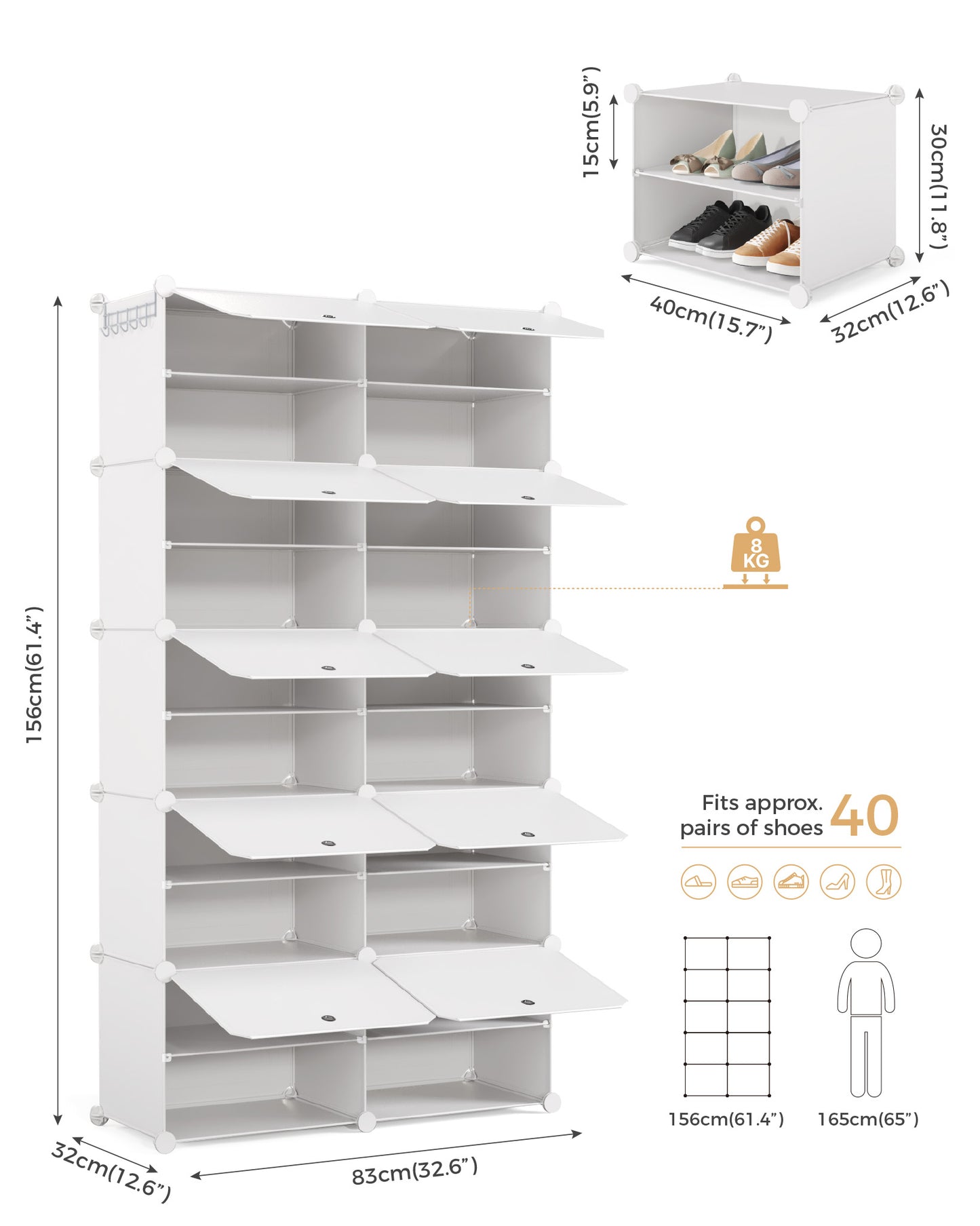 Mondeer Shoe Storage Cabinet, 2 x 10 Tier Modular Plastic Shoe Rack for 40 Pairs Shoes, Cube Shoe Organizer with Removable Shelf and Hooks, for Hallway Entryway Closet, White