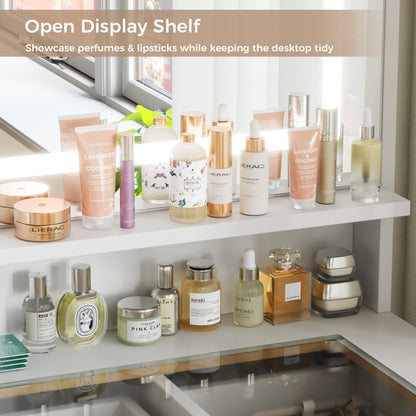Mondeer Dressing Table with Mirror and Stool, Glass Top Vanity Table with 11 Drawers and Open Storage Shelf, LED Adjustable Brightness, Power Outlet, 140 x 108 x 38 cm