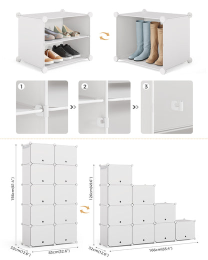 Mondeer Shoe Storage Cabinet, 2 x 10 Tier Modular Plastic Shoe Rack for 40 Pairs Shoes, Cube Shoe Organizer with Removable Shelf and Hooks, for Hallway Entryway Closet, White