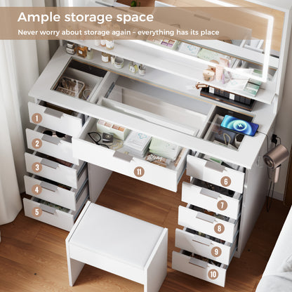 Mondeer Dressing Table with Mirror and Stool, Glass Top Vanity Table with 11 Drawers and Open Storage Shelf, LED Adjustable Brightness, Power Outlet, 140 x 108 x 38 cm