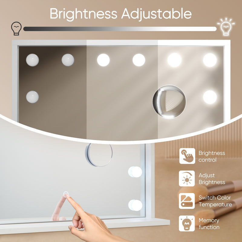 Mondeer Hollywood Vanity Mirror with Lights, 60x50cm Large Illuminated Makeup Mirror with 14 Dimmable Led Bulbs, 3 Color Lighting Modes, Touch Screen Control, Dressing Table Mirror for Bedroom