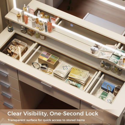 Mondeer Dressing Table with Mirror and Stool, Glass Top Vanity Table with 11 Drawers and Open Storage Shelf, LED Adjustable Brightness, Power Outlet, 140 x 108 x 38 cm