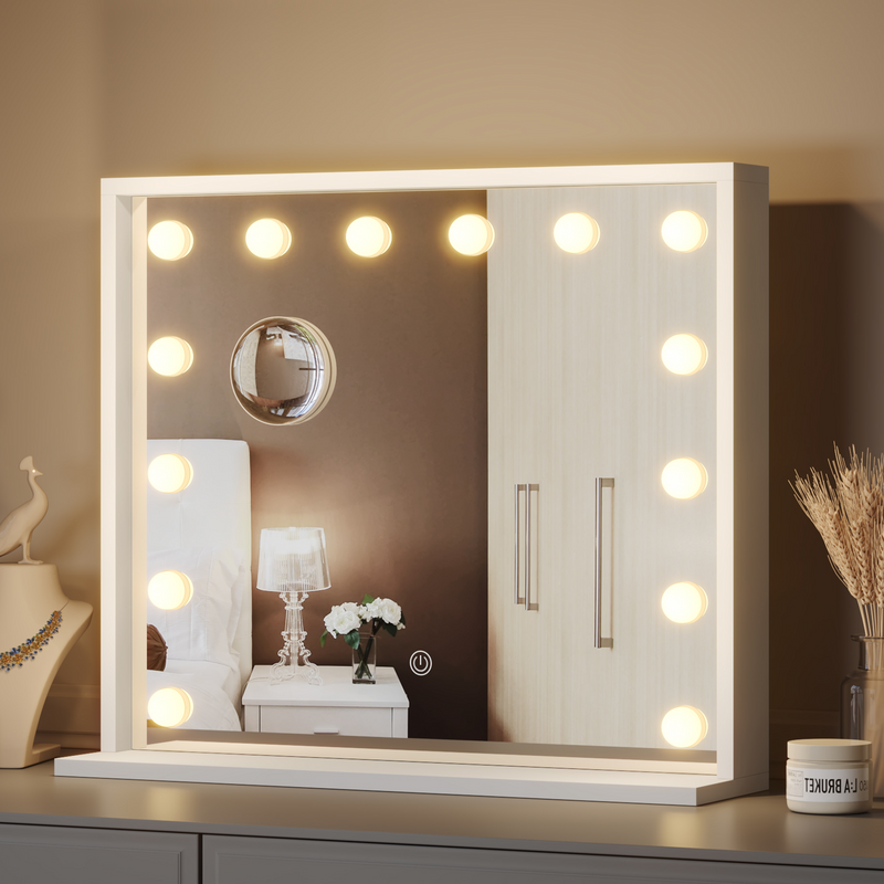 Mondeer Hollywood Vanity Mirror with Lights, 60x50cm Large Illuminated Makeup Mirror with 14 Dimmable Led Bulbs, 3 Color Lighting Modes, Touch Screen Control, Dressing Table Mirror for Bedroom