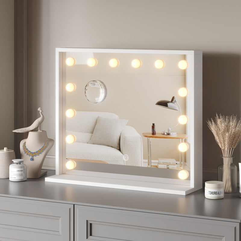 Mondeer Hollywood Vanity Mirror with Lights, 60x50cm Large Illuminated Makeup Mirror with 14 Dimmable Led Bulbs, 3 Color Lighting Modes, Touch Screen Control, Dressing Table Mirror for Bedroom