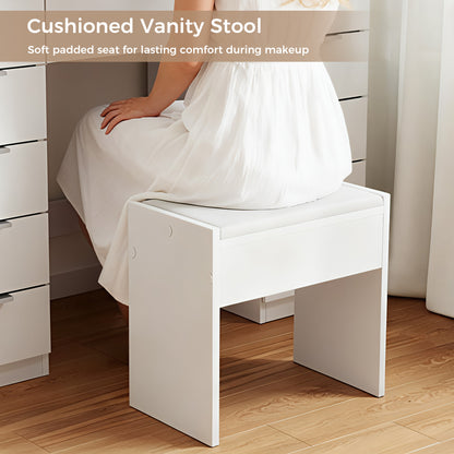 Mondeer Dressing Table with Mirror and Stool, Glass Top Vanity Table with 11 Drawers and Open Storage Shelf, LED Adjustable Brightness, Power Outlet, 140 x 108 x 38 cm