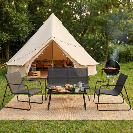 Mondeer Garden Patio Furniture Set 4 Pieces, Garden Table and Chairs with Armrests, Outdoor Loveseat and Coffee Table Waterproof Breathable Synthetic Fabric, for Balcony Terrace Backyard, Black