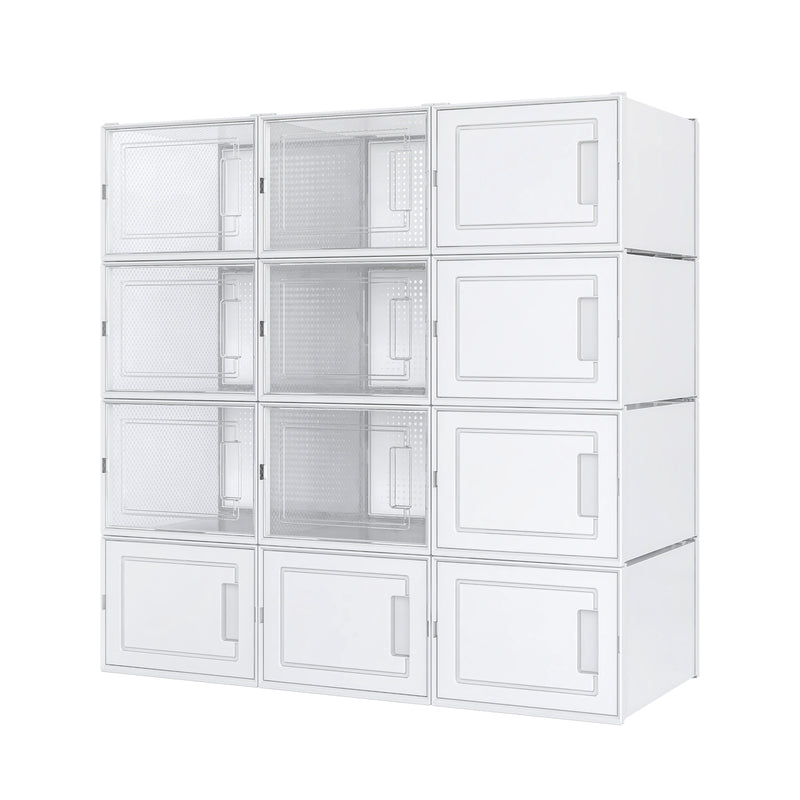 Stackable Shoe Boxes, 12 Plastic Drawers with Door, Transparent White
