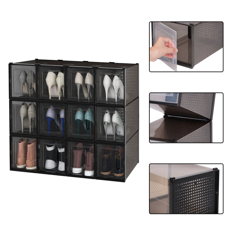 Stackable Shoe Box, Set of 12 with clear Door, Black
