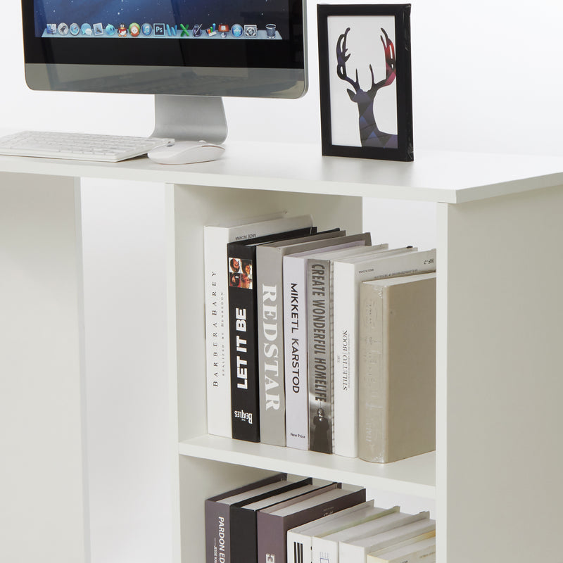 Meerveil Escritorio para computadora en forma de L, color blanco / negro, 2 compartimentos de almacenamiento