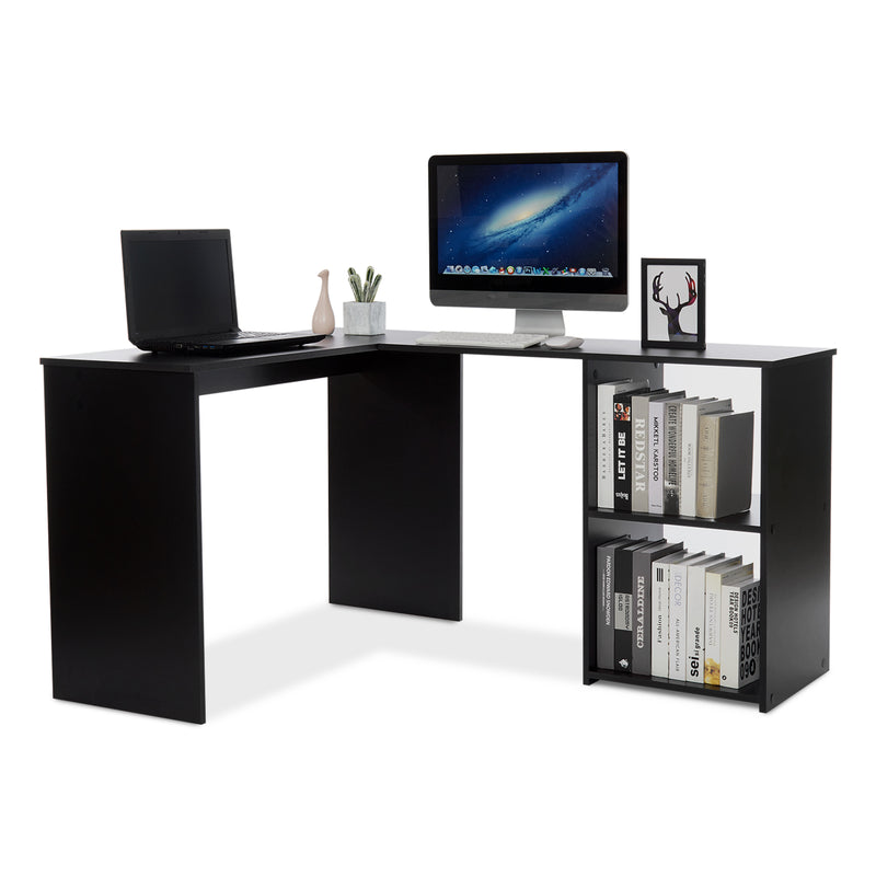 L-shaped Computer Desk, White/Black Color, 2 Storage Compartments