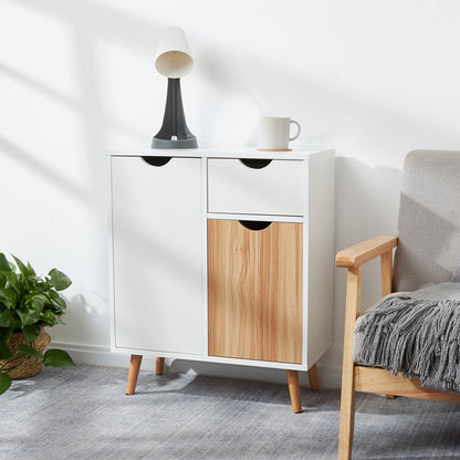 Meerveil Gabinete de almacenamiento moderno, color blanco y roble a juego, 2 puertas y un cajón