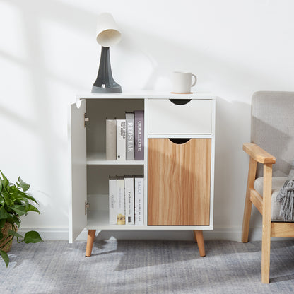 Meerveil Gabinete de almacenamiento moderno, color blanco y roble a juego, 2 puertas y un cajón