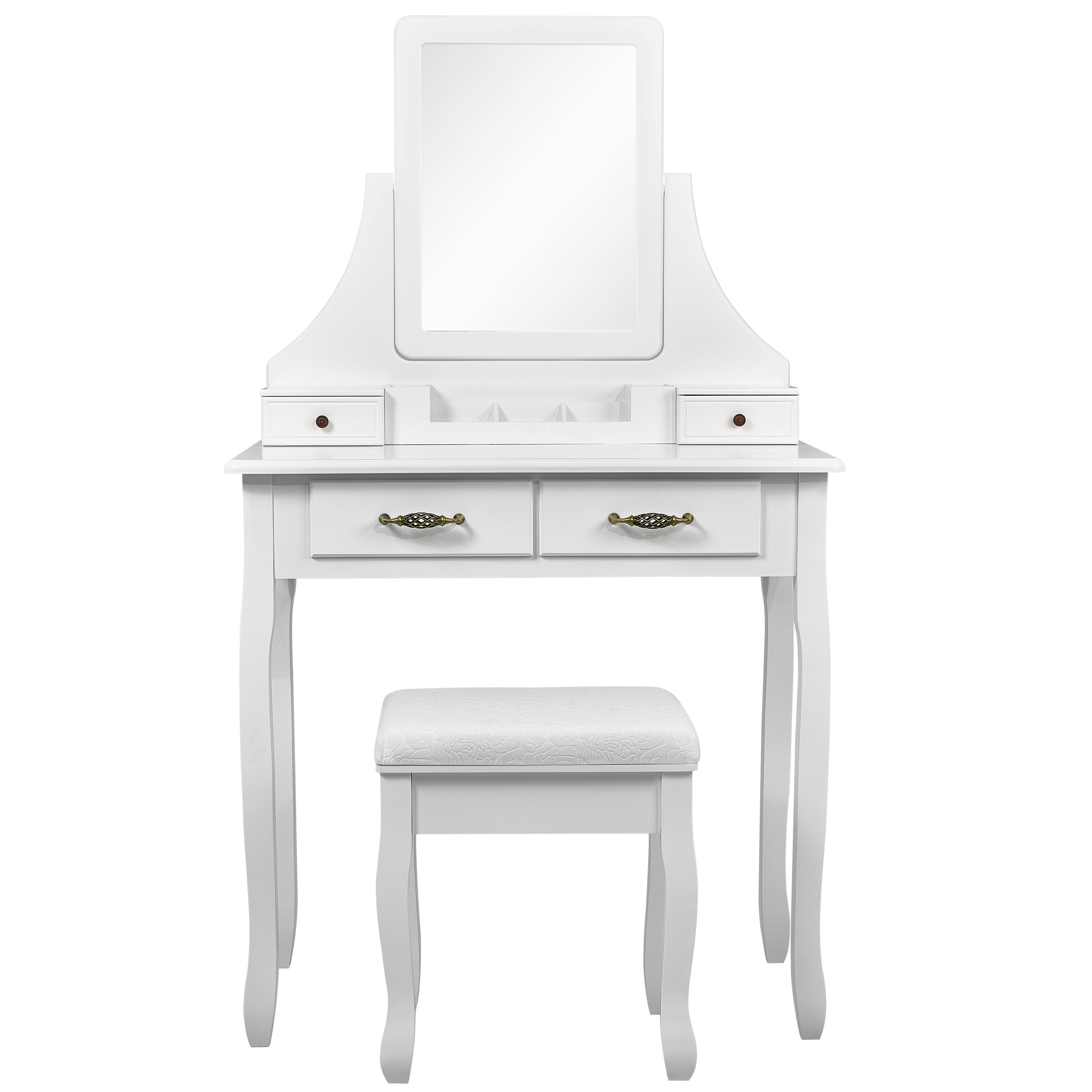 Classic Dressing Table, White Color, with a Large Mirror and Stool