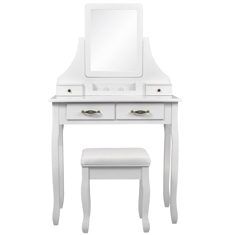 Classic Dressing Table, White Color, with a Large Mirror and Stool