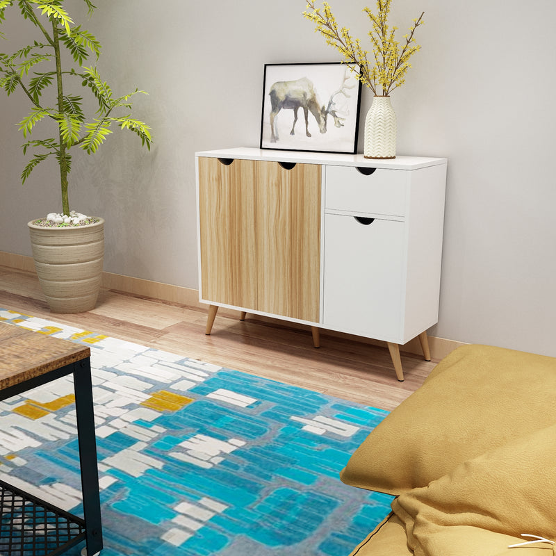 Modern Storage Cabinet, White and Oak Color Matching, 3 Doors and Single Drawer