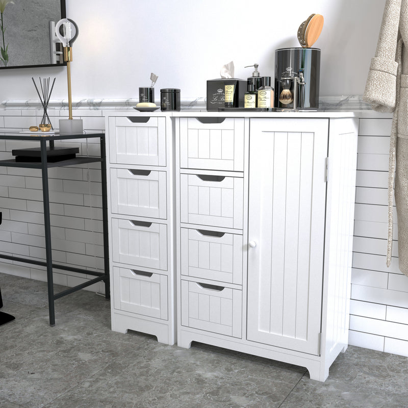 Meerveil Mueble de baño simple, color blanco, puerta única y 4 cajones