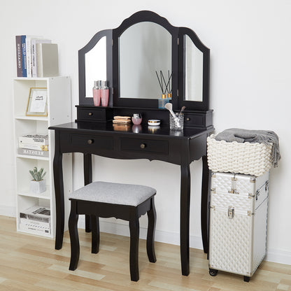 Meerveil Classic Schminktisch, schwarz/weiß, mit großem Spiegel, Schubladen und bedrucktem Hocker