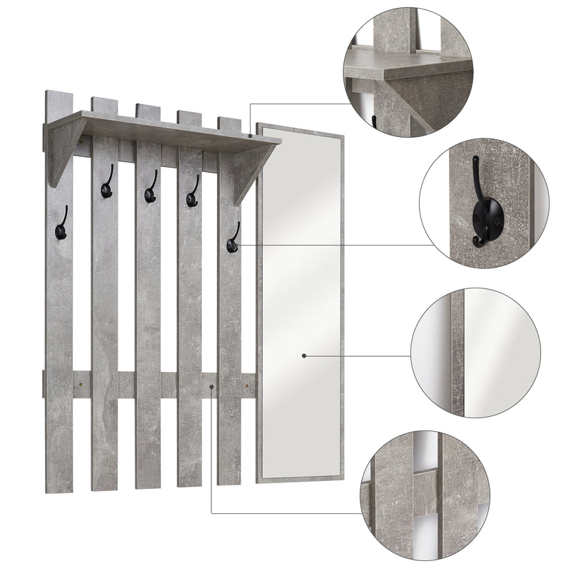 Wall-Mounted Coat Rack, Grey, with Mirror and 5 Hooks