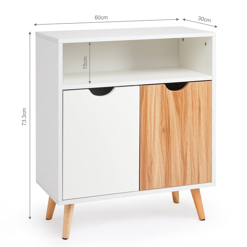 Storage Cabinet, White and Oak, with 2 Doors, Solid Wood Legs