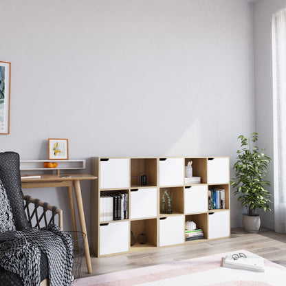 Bookcase,  White and Wood, Six Compartments with Three Doors