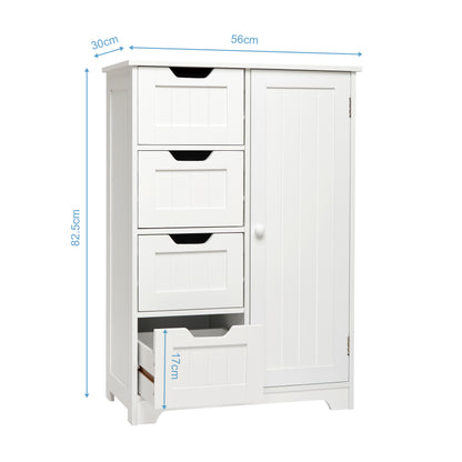 Meerveil Mueble de baño simple, color blanco, puerta única y 4 cajones
